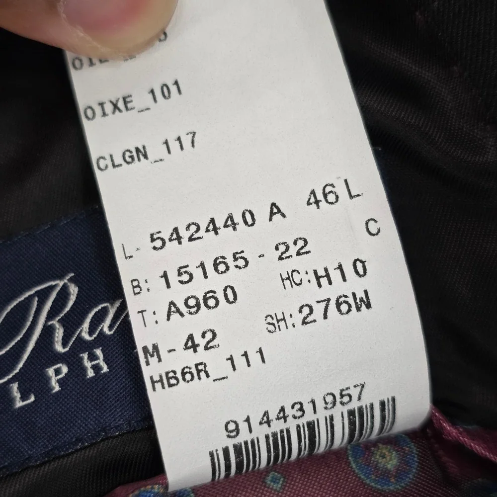 Ralph Lauren Mens Blazer Suit Jacket 46L Black 100% Wool 2 Button Made in Canada